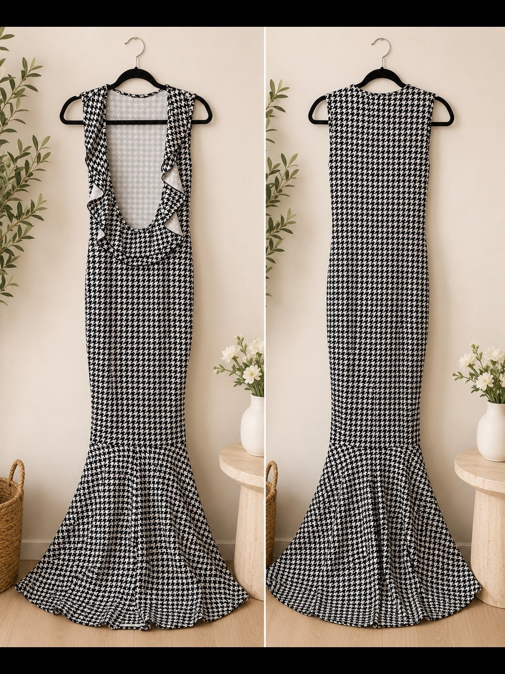 Sleeveless Houndstooth Mermaid Maxi Dress - Black & White